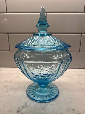 Anchor Hocking 1930’s Mayfair “Open Rose” Ice Blue COVERED CANDY DISH